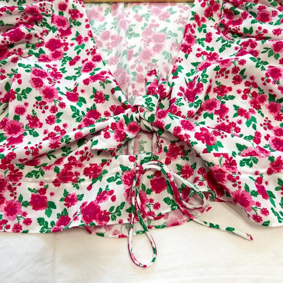 NWOT For Love & Lemons Petal Floral Puff Sleeve Tie Front Blouse Pink Green XS - Picture 6 of 8
